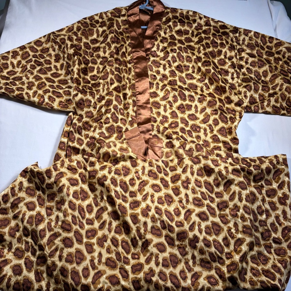 Leopard Print Satin Robe Brown Gold Kimono Sleeve Caftan 2X Contessa‎ Di Roma
